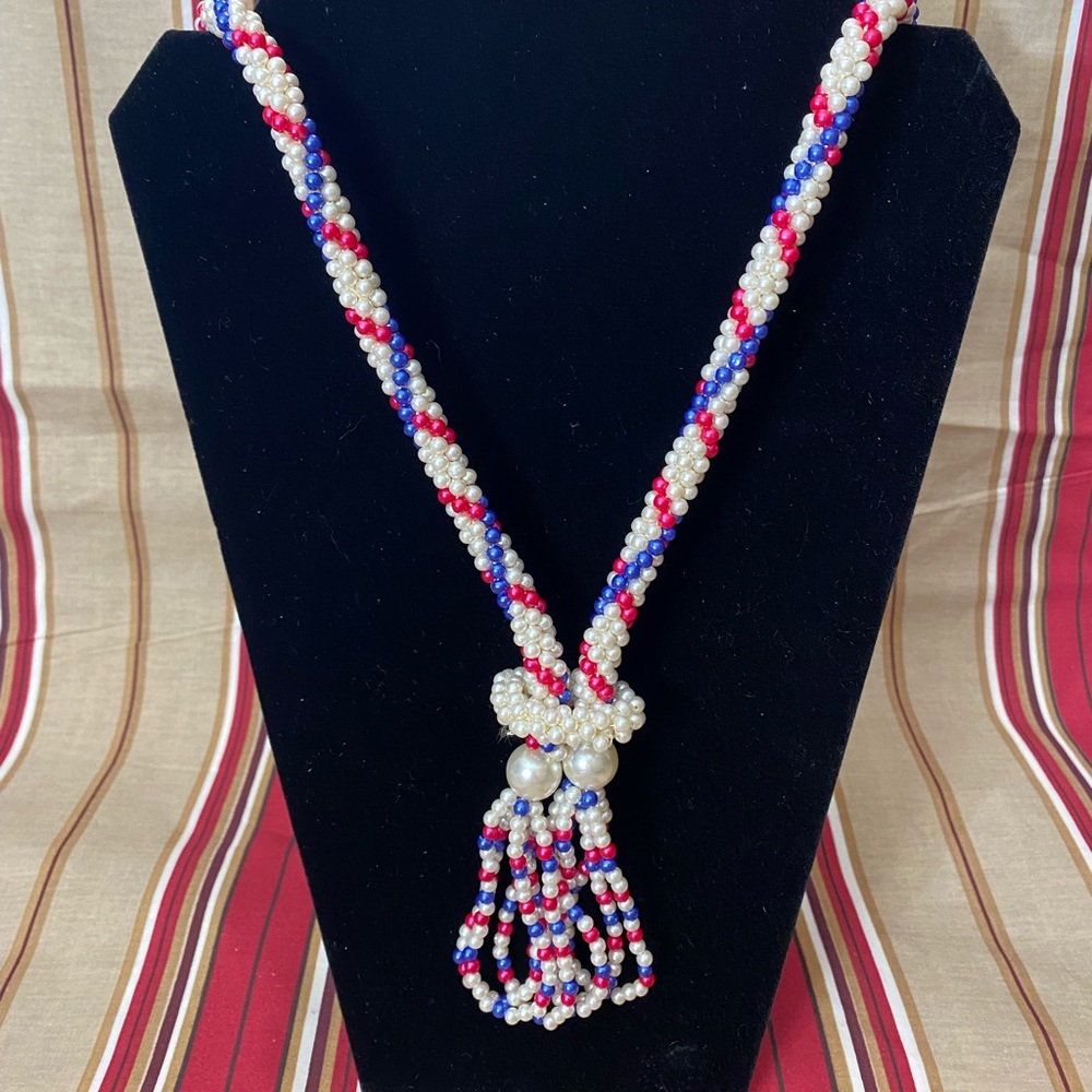 🛒Markdown🛒  Faux Red White Blue Pearl Spiral Woven Long Rope Tassel Necklace